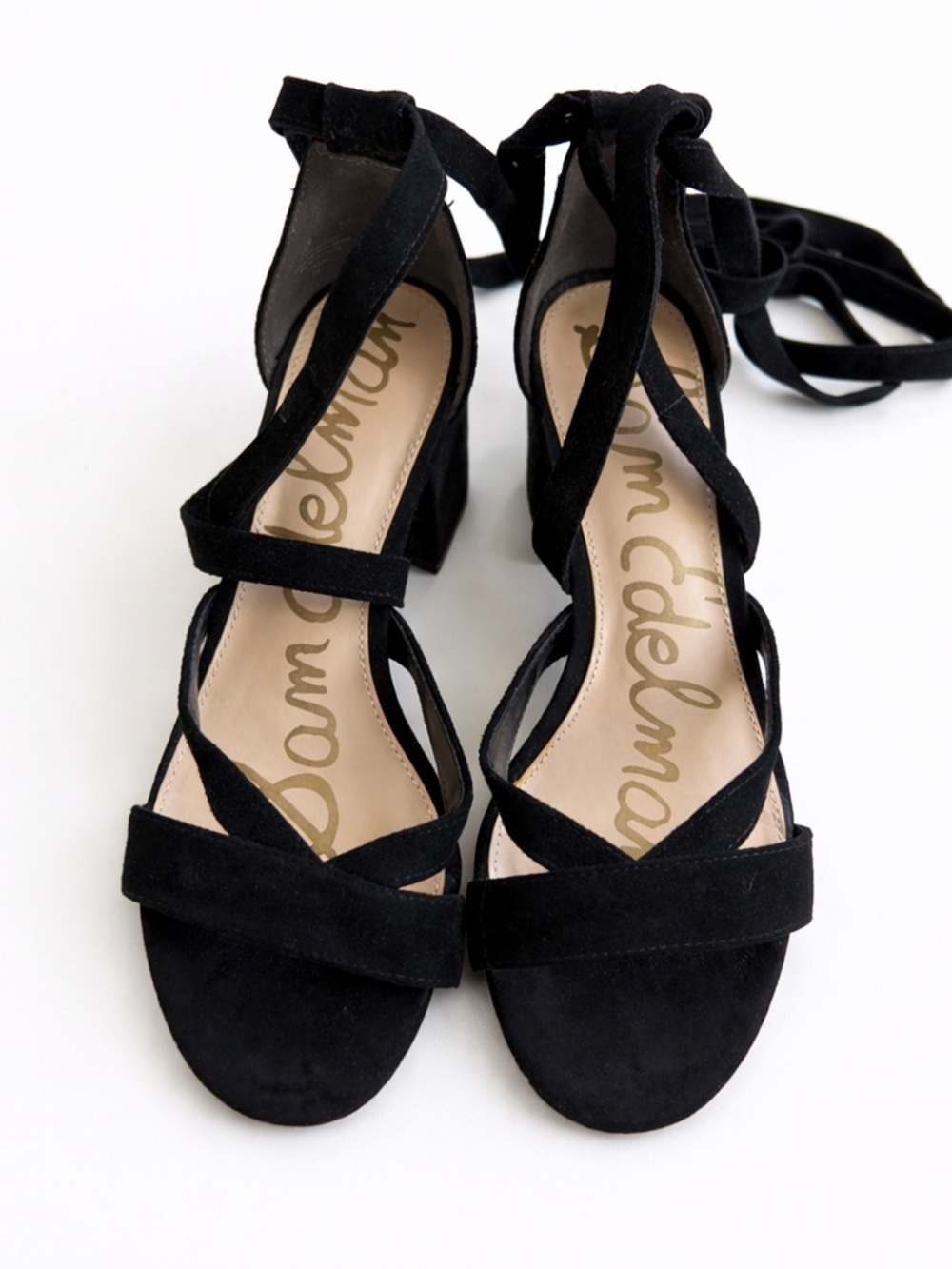 Sam Edelman Suede Lace-Up Block Heel Sandals Black Size 7 Strappy Wrap Heels - Picture 2 of 6
